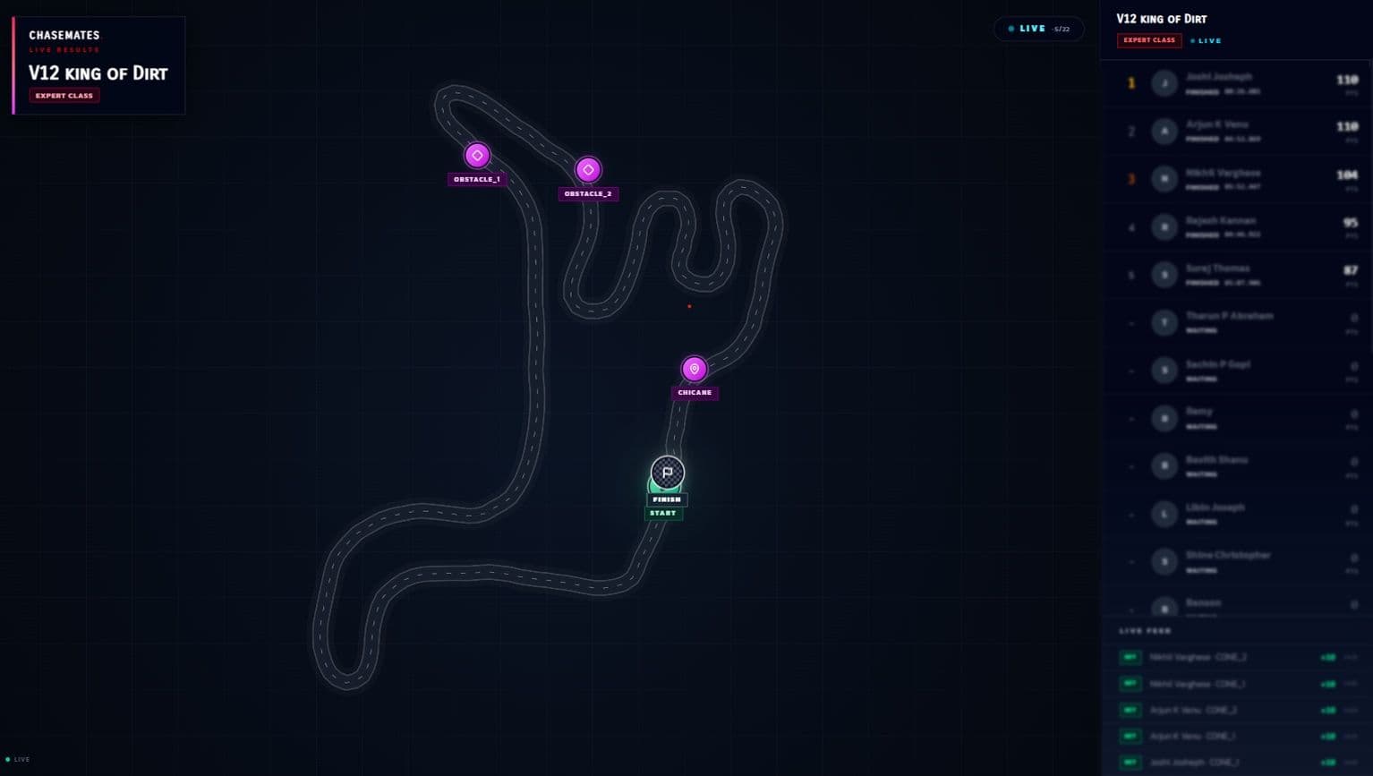 A race in progress in Chasemates, with competitor markers moving along the plotted course